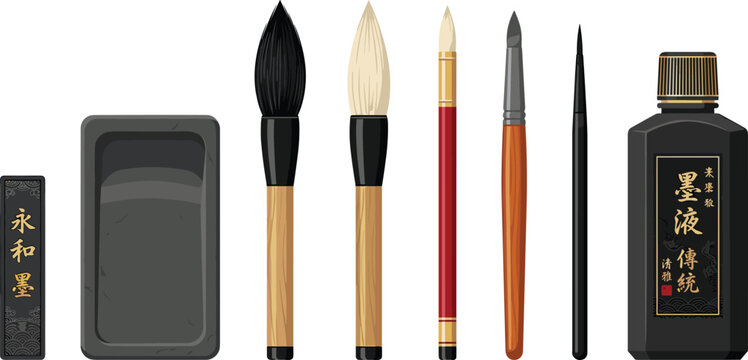 Traditional Chinese Calligraphy and Japanese Sumi Painting Tool Vector Set Featuring Writing Brushes Inkstone Inkstick and Liquid Ink Bottle for East Asian Fine Art Designs