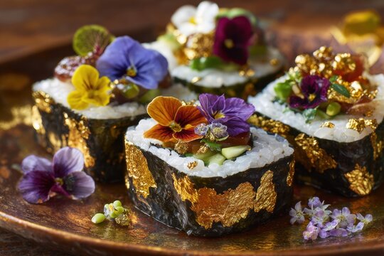 Gourmet sushi rolls with edible flowers and gold leaf