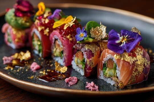 Gourmet sushi rolls with edible gold leaf and flowers