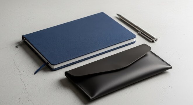 Professional stationery set featuring a blue textured notebook, a sleek metallic pen, and a black leather pencil case on a textured grey surface
