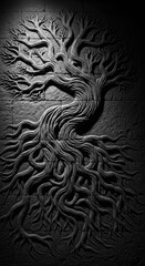 Fototapeta premium Intricate tree carving on stone wall monochrome artwork and texture