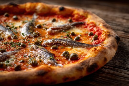 Neapolitan pizza with anchovies and capers on wooden table