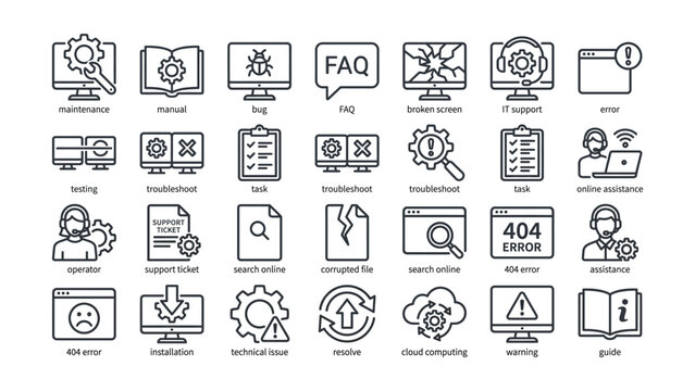 Black and white line icons of computer technical support and errors on transparent background