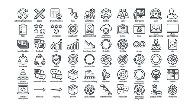 Collection of agile software development and project management icons and terms