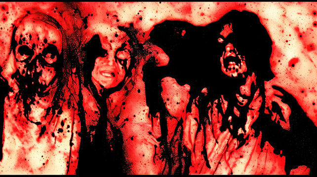 Nightmarish Demonic Faces Emerging from Red Chaos Background