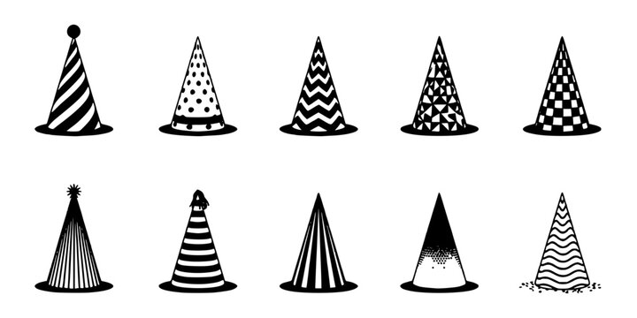 Party Hats with Various Patterns and Designs in Black and White Featuring Celebration, Festive, Decorations with Vector and Illustration Elements