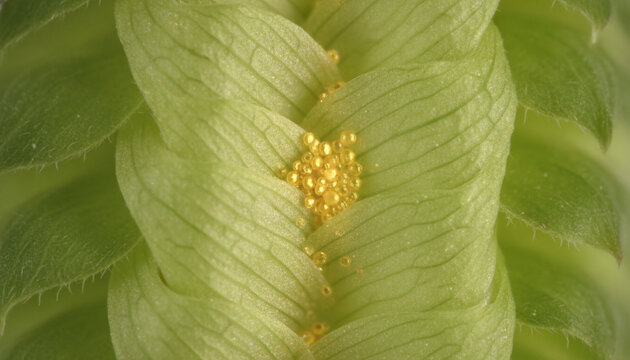Hop cone macro with glowing golden sticky lupulin resin glands
