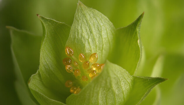 Hop cone macro with glowing golden sticky lupulin resin glands
