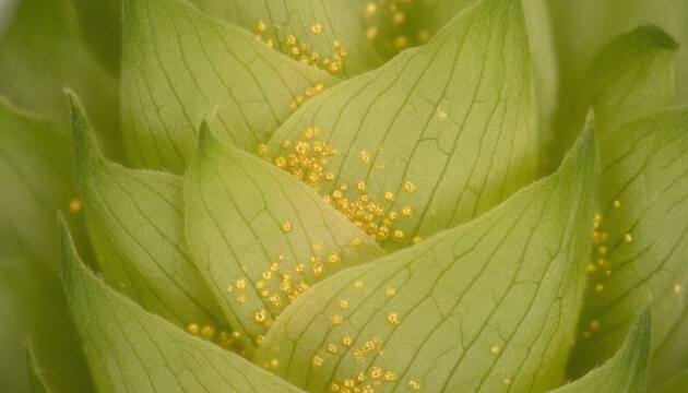 Hop cone macro with glowing golden sticky lupulin resin glands