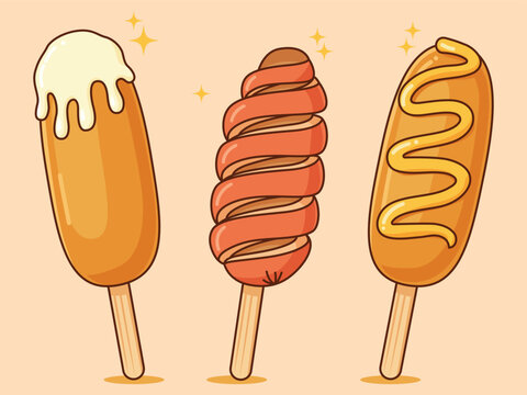 Set of Three Korean Corn Dogs with Different Toppings &ndash; Street Food Cartoon Vector Illustration