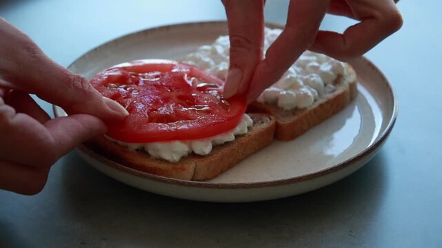 Close-up of hands spreading creamy cottage cheese on toasted bread and layering it with fresh tomato slices to prepare a healthy breakfast toast