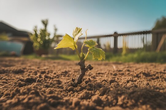 Peque&ntilde;o brote de vid creciendo en suelo f&eacute;rtil bajo la luz del sol, concepto de agricultura sostenible, nuevo comienzo, ecolog&iacute;a y cultivo de vi&ntilde;edos