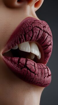 Primer plano macro de labios de mujer ligeramente abiertos con labial mate agrietado de color burdeos, concepto de maquillaje art&iacute;stico, deshidrataci&oacute;n labial y cosm&eacute;tica de belleza