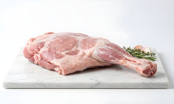 Pierna de cordero cruda y fresca sobre una tabla de cortar de m&aacute;rmol blanco, decorada con romero y ajo, concepto de ingredientes de carnicer&iacute;a y preparaci&oacute;n culinaria