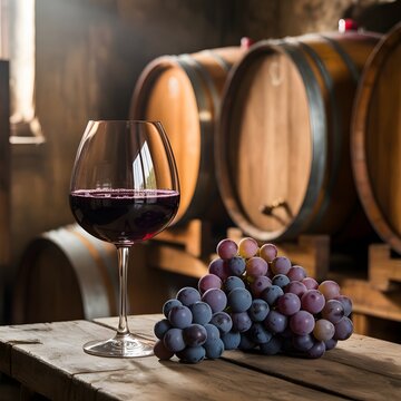 Copa de vino tinto de La Rioja  Espa&ntilde;a y racimo de uvas sobre mesa de madera en una bodega con barricas de roble