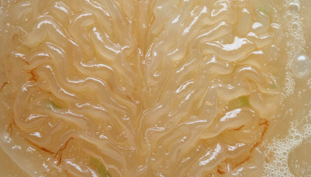 Live Kombucha SCOBY pellicle texture with translucent gelatinous layers