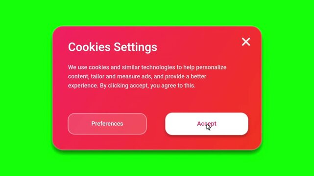 Digital Cookie Settings Popup Animation with Accept Button Clicked on Green Screen Background