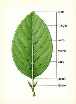 A labeled botanical diagram of a green leaf on a white background. Generative AI