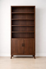 Fototapeta premium Minimal Mid Century Bookshelf Cabinet With Lower Storage doors with open shelves in a minimalist interior For Home Decor, product display, home organization And Furniture Catalog Design