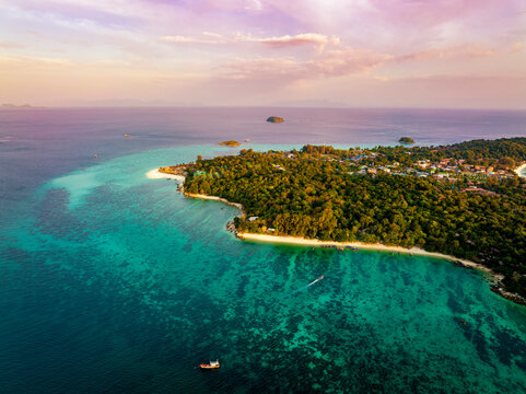 Aerial view of Koh Lipe tropical island with turquoise sea water at sunset,of Sunrise beach in Koh Lipe island, Satun, Andaman sea, Thailand