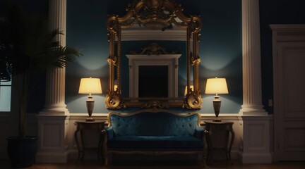 Fototapeta premium Elegant blue sofa sits before large ornate gold mirror. Two lamps cast warm light on plush furniture. Interior design features classic columns, high ceiling, and plant.