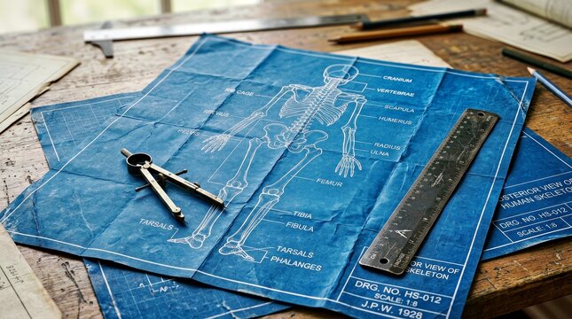 Blueprint of Human Skeleton With Drafting Tools on Wooden Surface