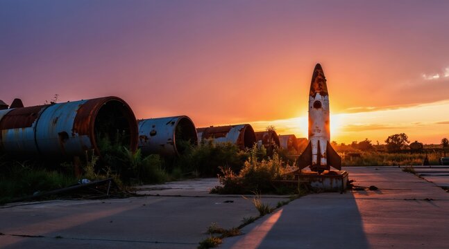 Abandoned rocket launch site with rusting missiles and overgrown vegetation under a sunset sky. Old structures decay on concrete pad. Nature reclaims forgotten space.