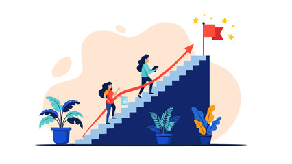 Obraz premium Business Growth Concept featuring women climbing stairs with a rising red arrow towards a flag, ideal for corporate presentations and career development blogs.