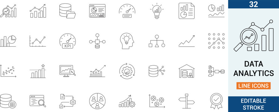 Data analytics vector line icon set. Featuring business intelligence dashboard, big data processing and financial statistics.