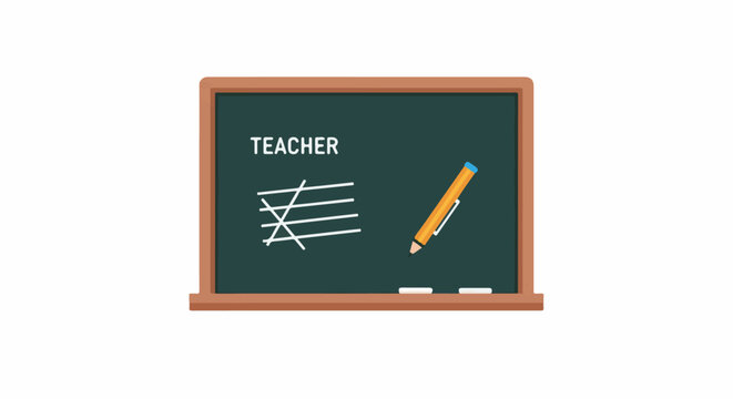 A green chalkboard displays the word TEACHER, tally marks, and a yellow pencil