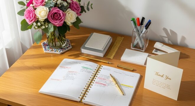 A highangle shot of a wooden desk featuring an open planner, a bouquet of pink and white roses, a gold pen, a ruler, a stapler, and a thank you card