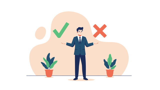 Professional Decision Making Businessman Standing Between Green Checkmark and Red Cross Symbols ideal for business presentations, educational materials, and corporate decision-making blogs.