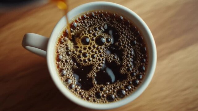 Freshly brewed black coffee pouring into white ceramic mug, morning caffeine routine on wooden table, dark roasted espresso with bubbles