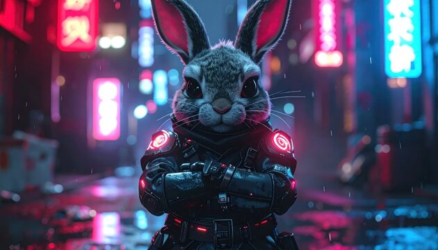 Cybernetic rabbit in neon cityscape portrait.