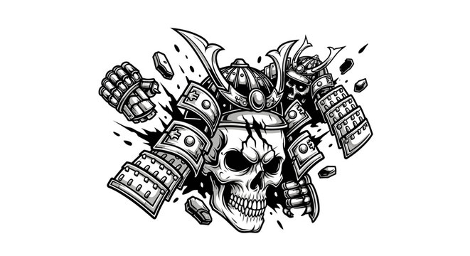 Exploding skull wearing traditional Japanese samurai armor.