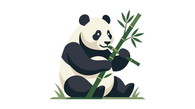 Cute panda eating bamboo shoots happily.