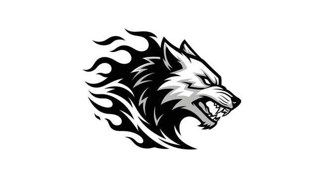 Fierce snarling wolf head with fire fur illustration