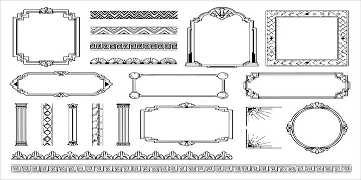 Set of vintage art deco style frames and decorative borders for graphic design projects.
