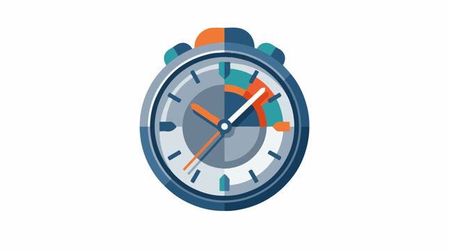 A stylized stopwatch displays a timer with orange and teal accents, set against a white background