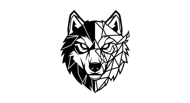 Geometric low poly wolf head portrait logo design.