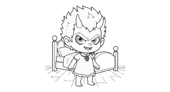 Vector line art illustration of a chibi demon child with horns and fangs standing in a bedroom by a wooden bed, coloring book style, black and white outline, fantasy character.