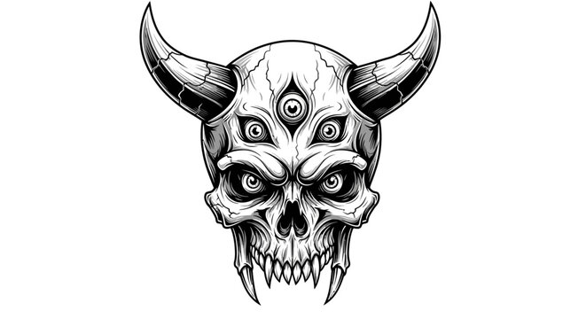 Hellish demon skull with multiple eyes and horns.
