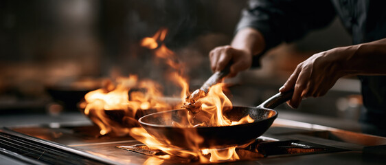 Fototapeta premium The raw energy of haute cuisine chefs masterfully flamb in a high pressure professional kitchen, flames leaping dramatically from cast iron pans. Perfect for restaurant branding, culinary.