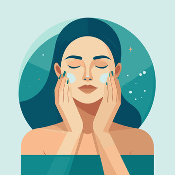 A woman with dark hair applying cream to her cheeks