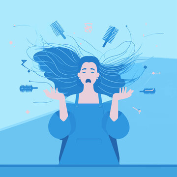 A woman with flowing hair and combs around her in a chaotic scene
