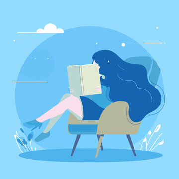 A woman with long blue hair sits in a chair reading a book outside on a sunny day