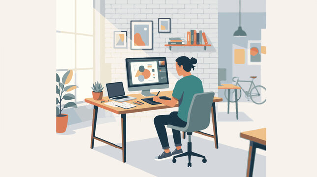 A woman works at a desk with a computer and laptop
