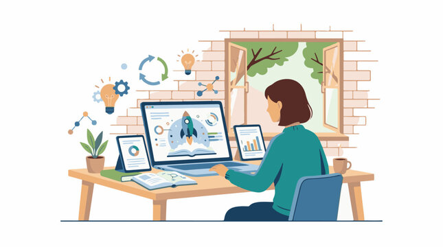 A woman works at a desk with a laptop and two other devices