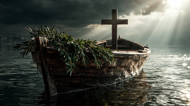 A Solemn Journey: A small wooden boat, adorned with a wreath of greenery and a Christian cross, sails on calm waters under a dramatic sky with rays of sunlight breaking through the clouds.