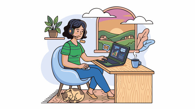 A woman works at her desk with a laptop and cat